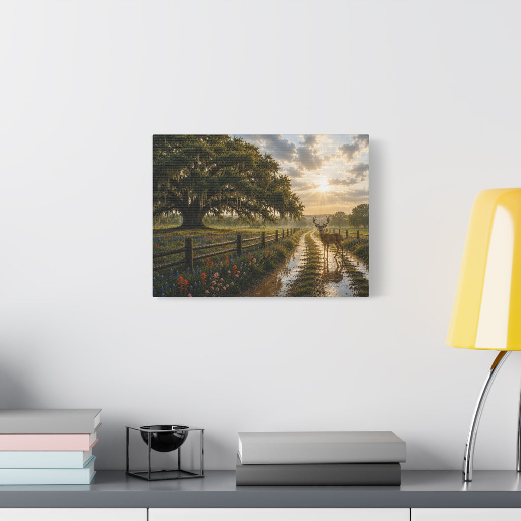 A rectangular wall art print showing a sunlit country road with a large tree, fence, flowers, and a deer, displayed on a white wall above a shelf with books and a yellow lamp.