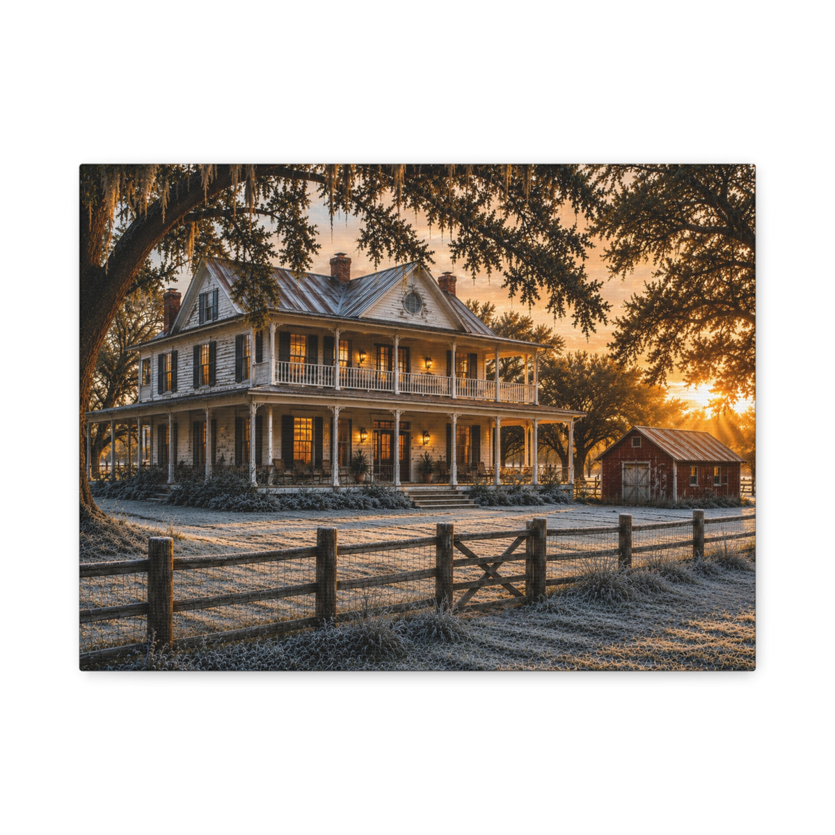 A rectangular First Frost canvas print depicting a historic Southern farmhouse, frosted ground, a wooden fence, and oak branches in warm sunrise light, photographed on a white background.