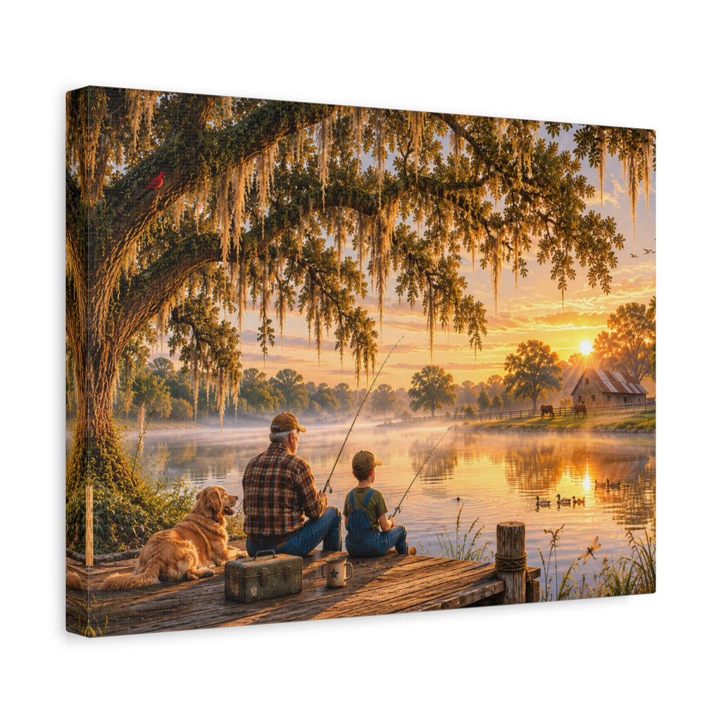 Grandpa and Me canvas print depicting a grandfather and child fishing from a wooden dock with a golden retriever beneath a moss-draped oak at sunset, with ducks on the pond and a barn in the distance.