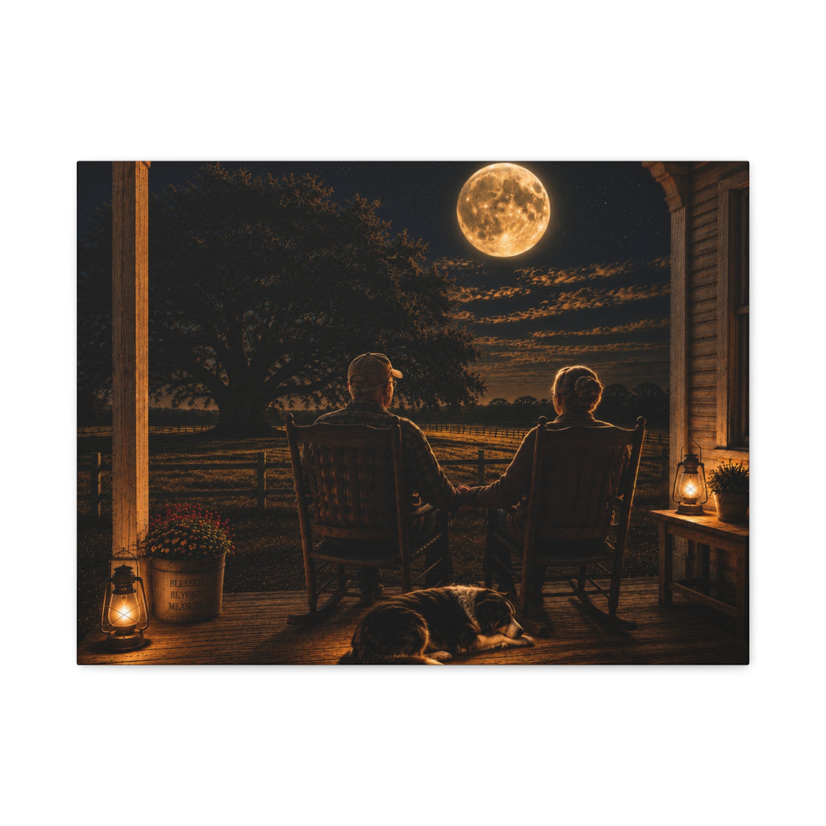 A rectangular Harvest Moon canvas print showing an older couple holding hands in rocking chairs on a farmhouse porch with a sleeping dog, glowing lanterns, and a full moon over the fields, photographed on a white background.