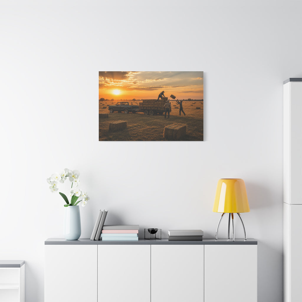 A Hay Season canvas print showing farmworkers loading rectangular hay bales onto a flatbed trailer beside a pickup truck in a golden field at sunset, displayed on a white wall above a console with a yellow lamp, books, and white flowers.