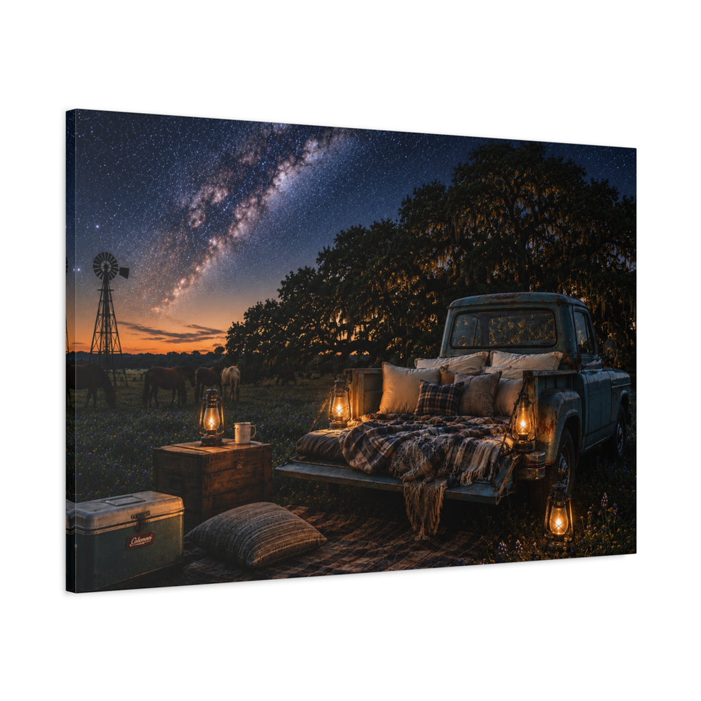 A rectangular Starry Night canvas print showing a cozy outdoor bed beside a vintage pickup in a country field, with lanterns, pillows, blankets, windmills, and the Milky Way overhead, photographed at an angle on a white background.