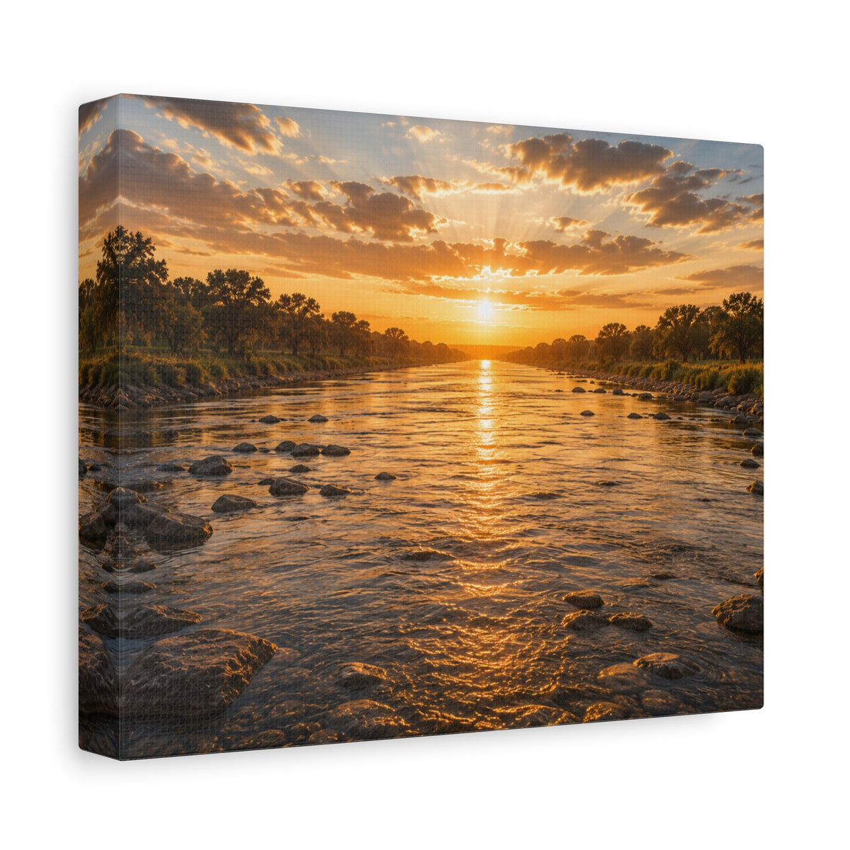 A square The River canvas print showing a golden sunset over a shallow river, with rocks in the water, tree-lined banks, glowing reflections, and sunbeams breaking through the clouds, photographed at an angle on a white background.