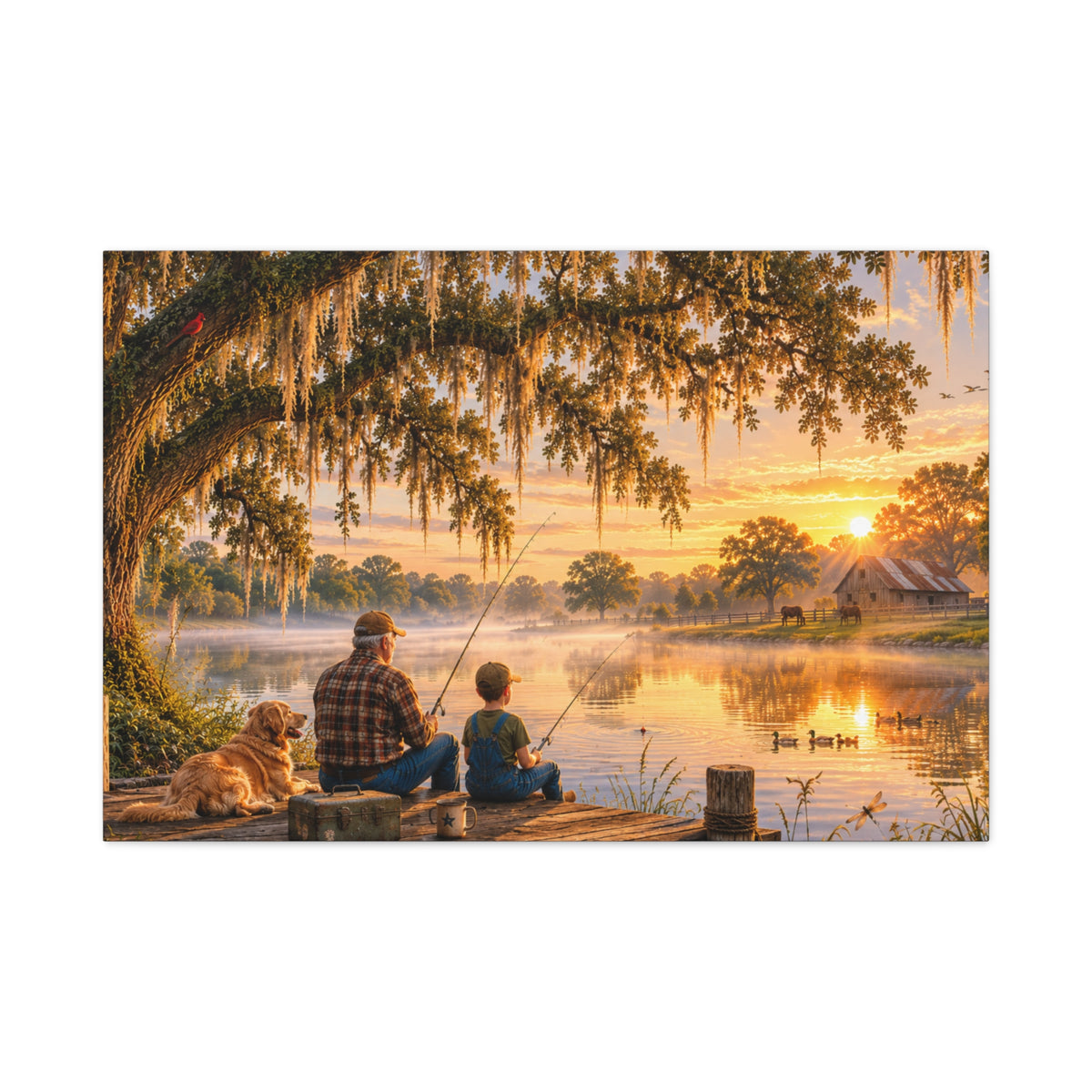 Grandpa and Me canvas print depicting a grandfather and child fishing from a wooden dock with a golden retriever beneath a moss-draped oak at sunset, with ducks on the pond and a barn in the distance.