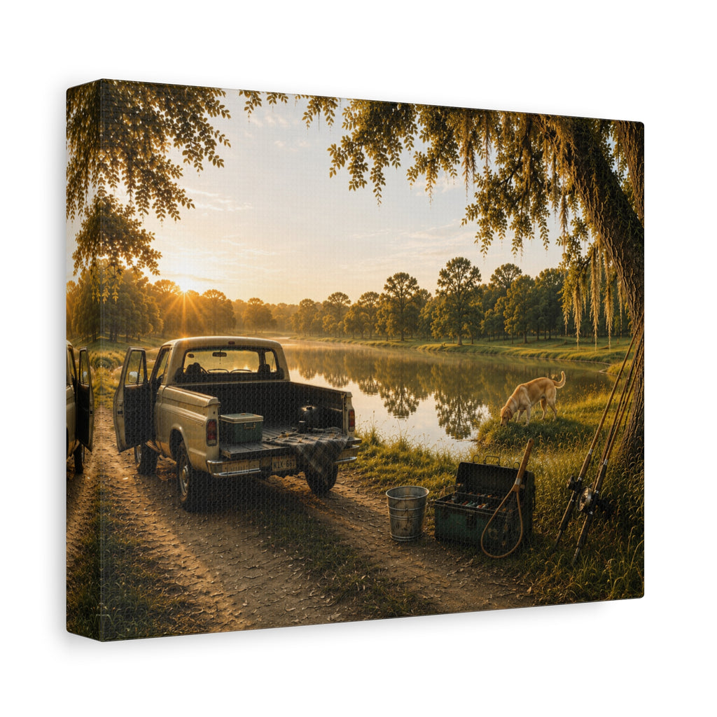A rectangular The Old Fishing Hole canvas print showing a vintage pickup parked beside a quiet pond at sunset, with a dog, fishing rods, tackle, a cooler, and a moss-draped tree, photographed at an angle on a white background.