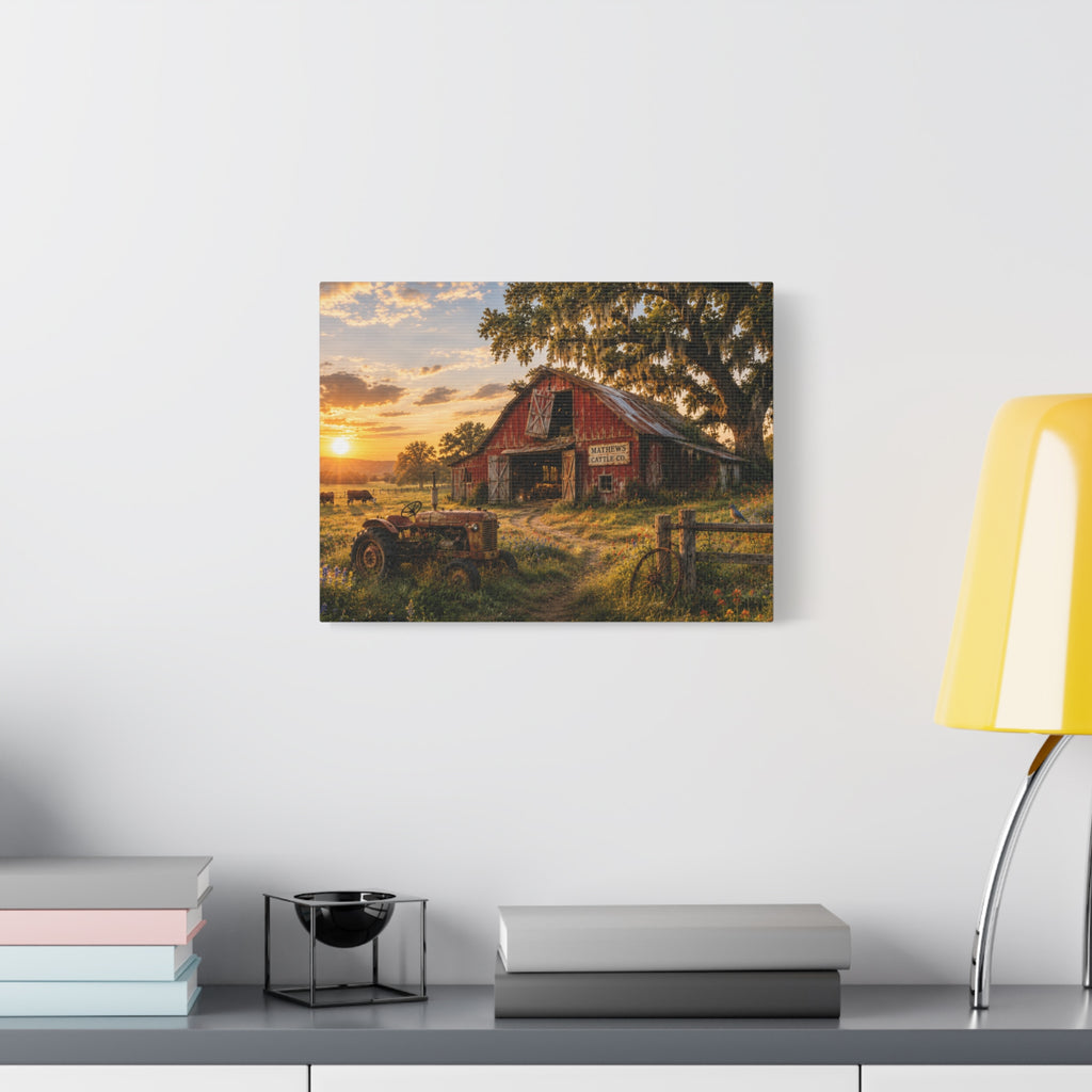 The Old Red Barn canvas print depicting a weathered red cattle barn beneath a moss-draped oak at sunset, with a vintage tractor, grazing cows, a wooden fence, and wildflowers in the foreground.