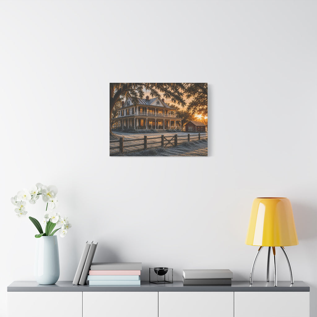 A First Frost canvas print of a frosted historic farmhouse at sunrise, displayed on a white wall above a console with white flowers, books, a black accent, and a yellow lamp.