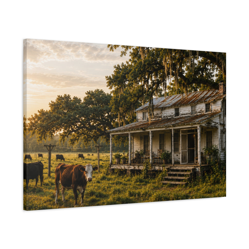 A rectangular The Good Old Homestead canvas print showing a weathered two-story farmhouse with a front porch in a grassy pasture, with a cow in the foreground, cattle, moss-draped oak trees, and warm sunset light, photographed at an angle on a white background.