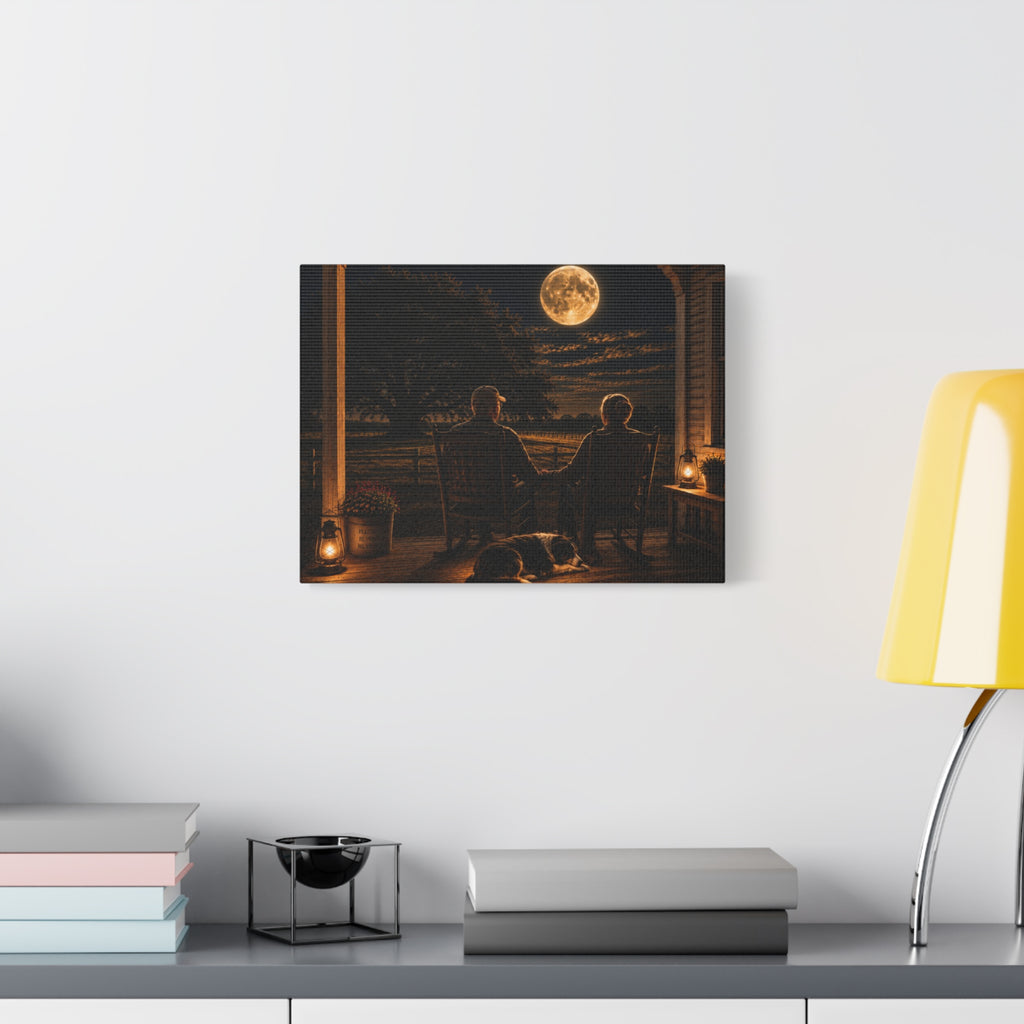 A rectangular Harvest Moon canvas print showing an older couple holding hands in rocking chairs on a farmhouse porch with a sleeping dog, glowing lanterns, and a full moon over the fields, displayed on a white wall above books, a black accent, and a yellow lamp.
