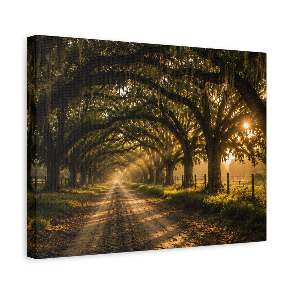 A rectangular Sunday Morning canvas print showing a sunlit dirt road beneath a tunnel of moss-draped oak trees, with fences and warm morning light filtering through the branches, photographed at an angle on a white background.