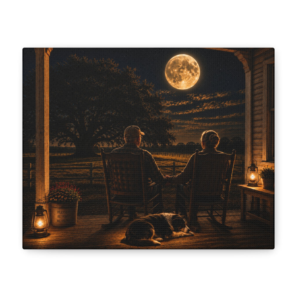 A rectangular Harvest Moon canvas print showing an older couple holding hands in rocking chairs on a farmhouse porch with a sleeping dog, glowing lanterns, and a full moon over the fields, photographed at an angle on a white background.