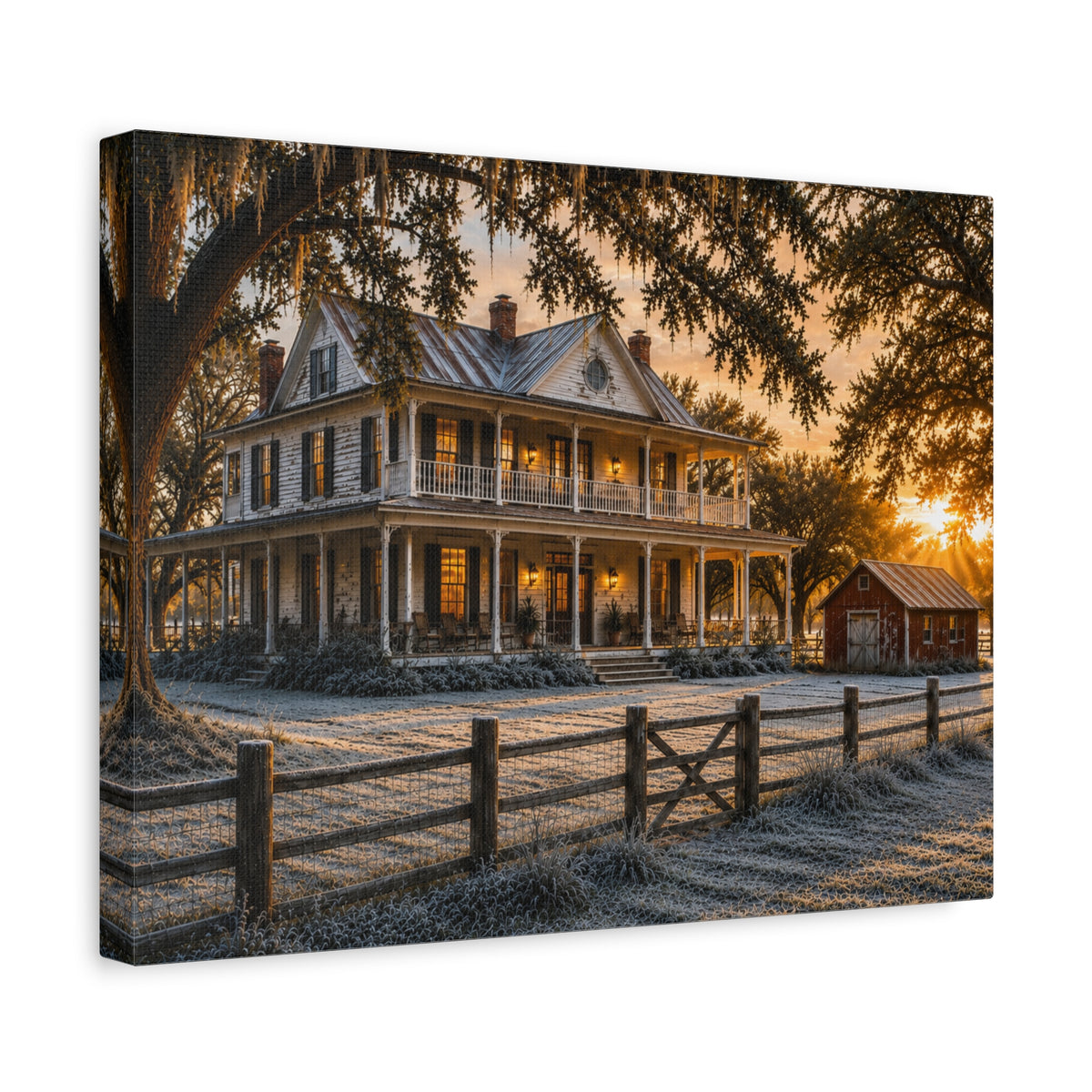 A rectangular First Frost canvas print showing a historic farmhouse with a front porch, frosty yard, fence, and trees in warm sunrise light, photographed at an angle on white.
