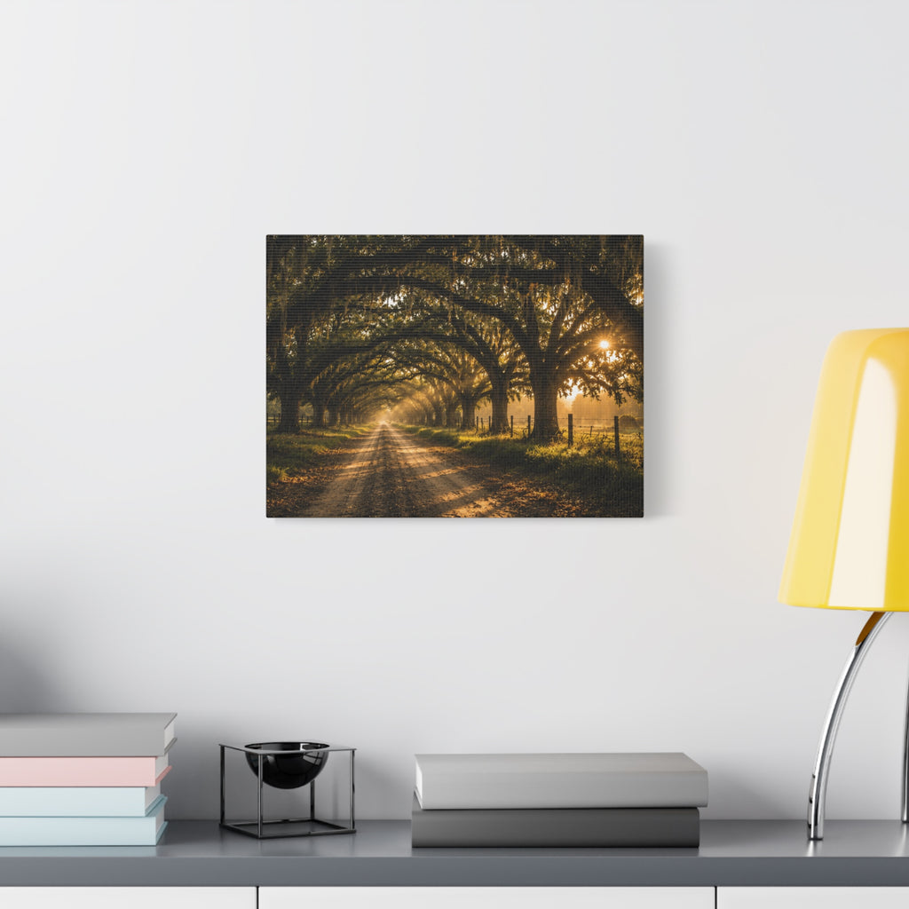 A rectangular Sunday Morning canvas print showing a sunlit dirt road beneath a tunnel of moss-draped oak trees, with fences and warm morning light filtering through the branches, displayed on a white wall above books, a black accent, and a yellow lamp.