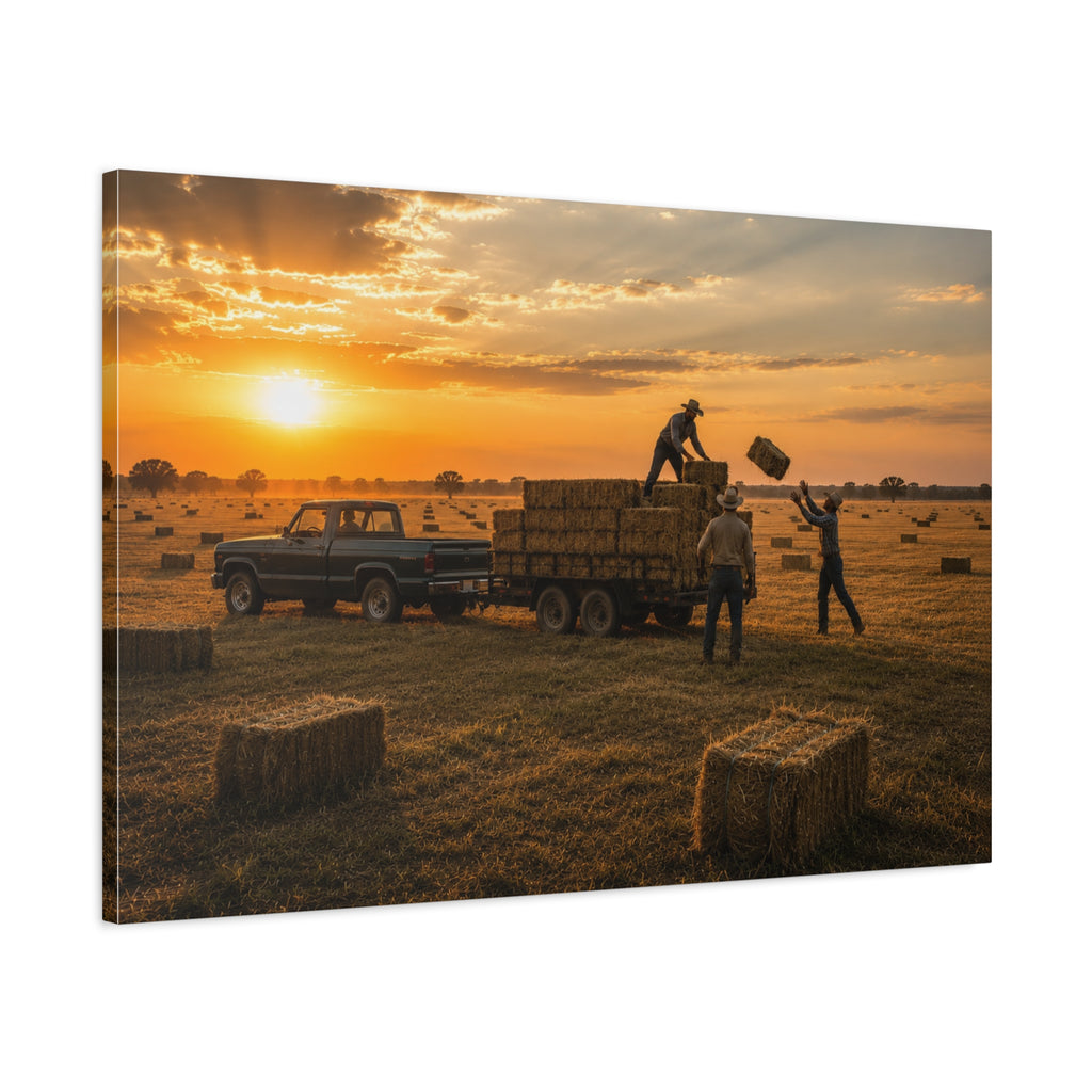 A rectangular Hay Season canvas print showing farmworkers loading rectangular hay bales onto a flatbed trailer beside a pickup truck in a golden field at sunset, photographed at an angle on a white background.