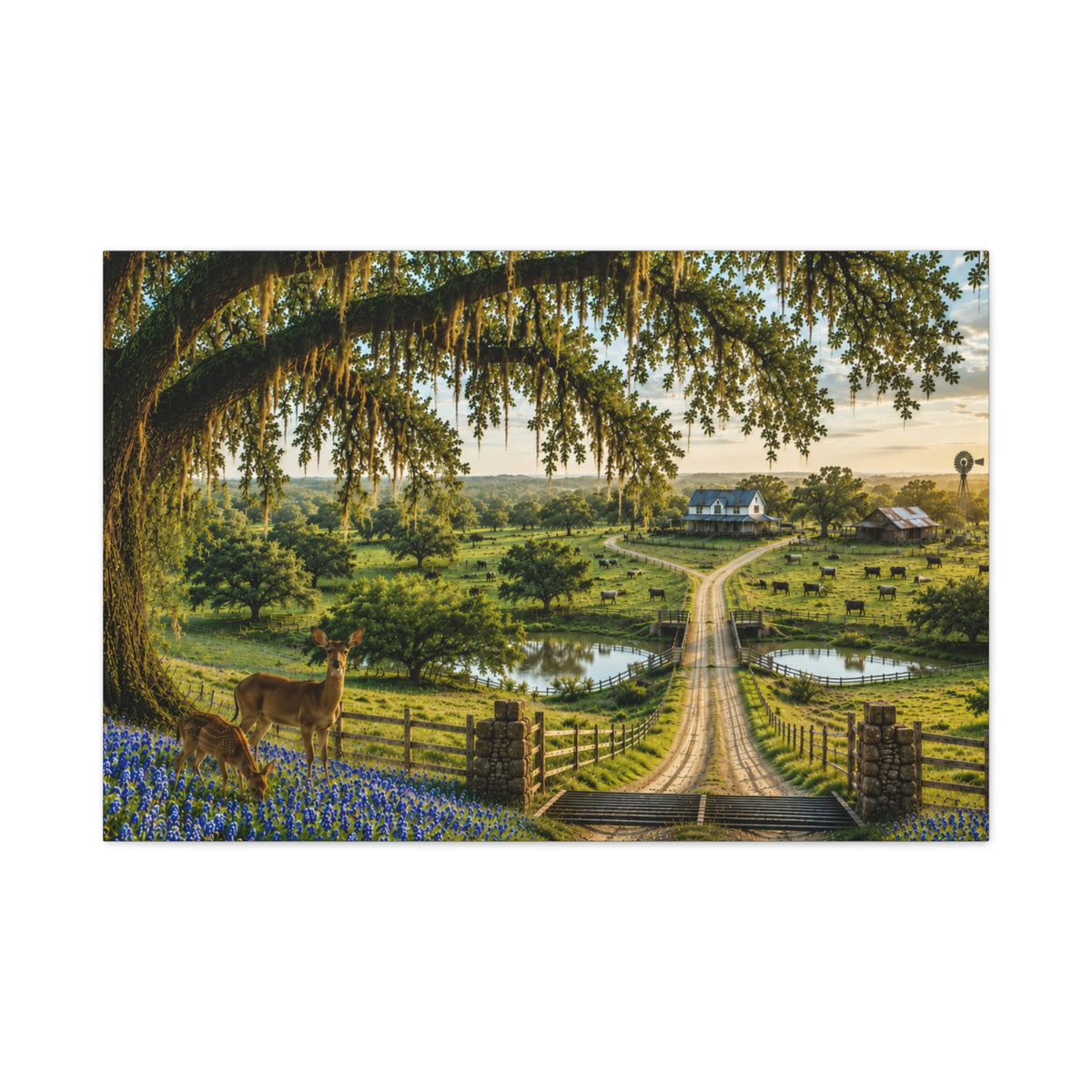 A rectangular landscape art print showing a rural farm scene with a dirt road leading to a small house, ponds, trees, and a large mossy tree in the foreground. The print is centered on a light gray background.