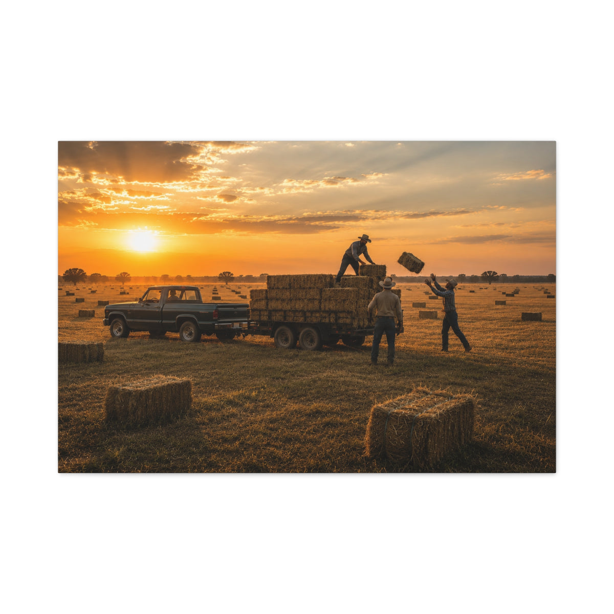 A rectangular Hay Season wall art print showing farmworkers loading rectangular hay bales onto a flatbed trailer beside a pickup truck in a golden field at sunset, centered on a light gray background.