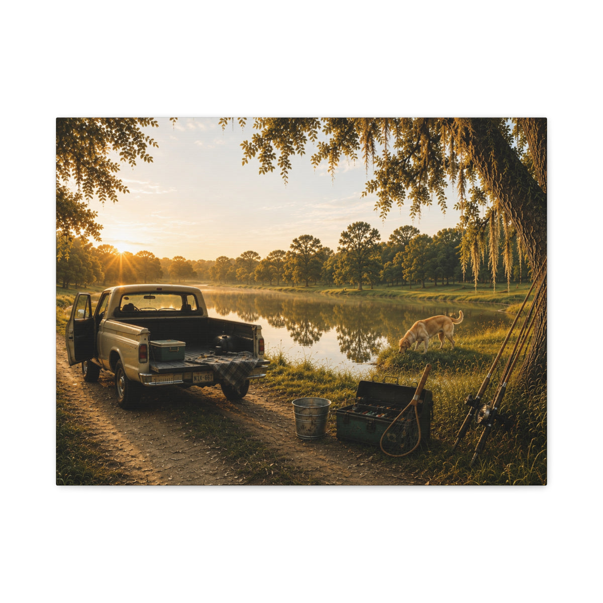 A rectangular The Old Fishing Hole canvas print showing a vintage pickup parked beside a quiet pond at sunset, with a dog, fishing rods, tackle, a cooler, and a moss-draped tree, photographed on a white background.