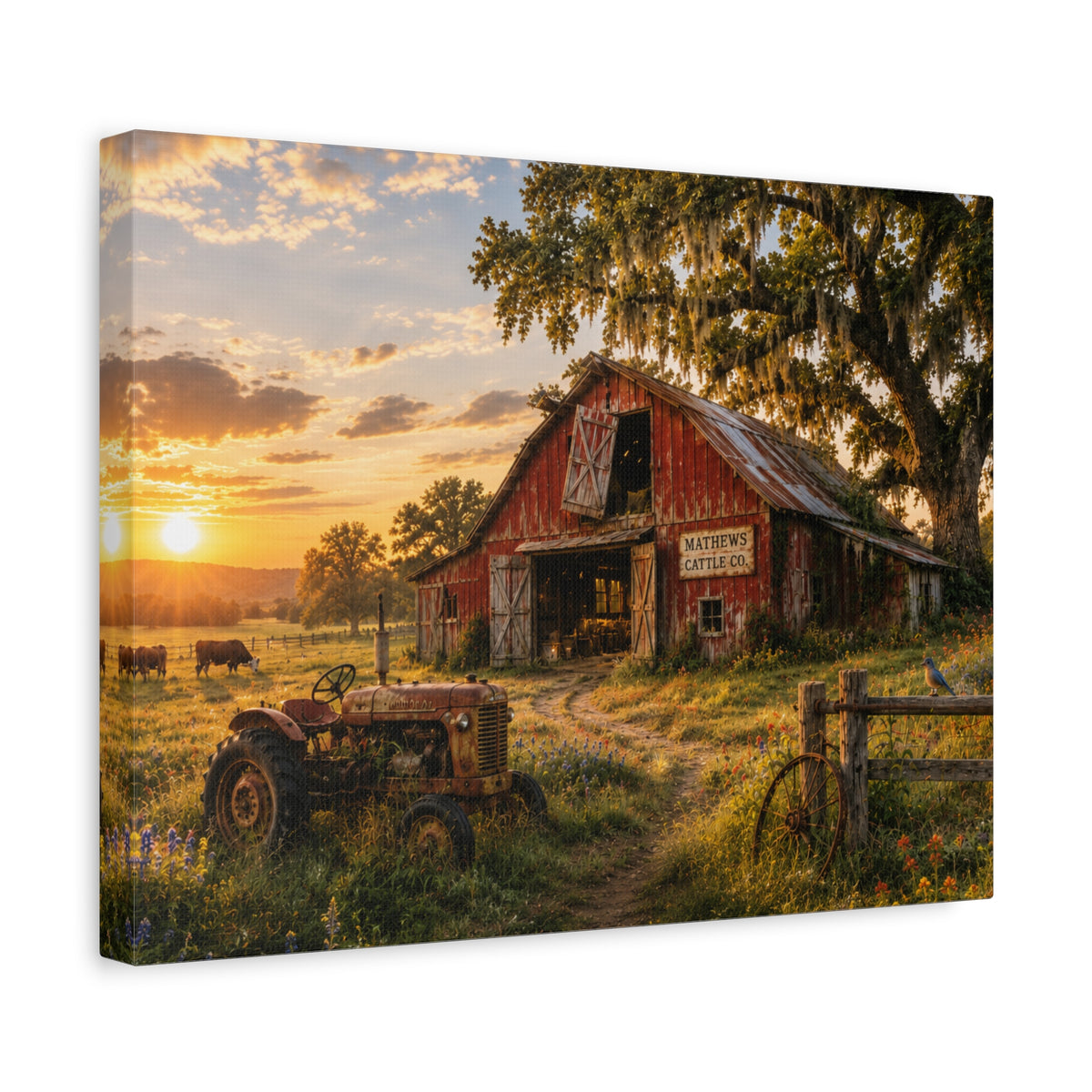 The Old Red Barn canvas print depicting a weathered red cattle barn beneath a moss-draped oak at sunset, with a vintage tractor, grazing cows, a wooden fence, and wildflowers in the foreground.