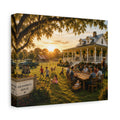 A square Grandma's House canvas print showing a family gathering at a white farmhouse at sunset, with relatives dining outdoors, children playing, vintage trucks, a large oak, and a Grandma's House sign, photographed at an angle on white.