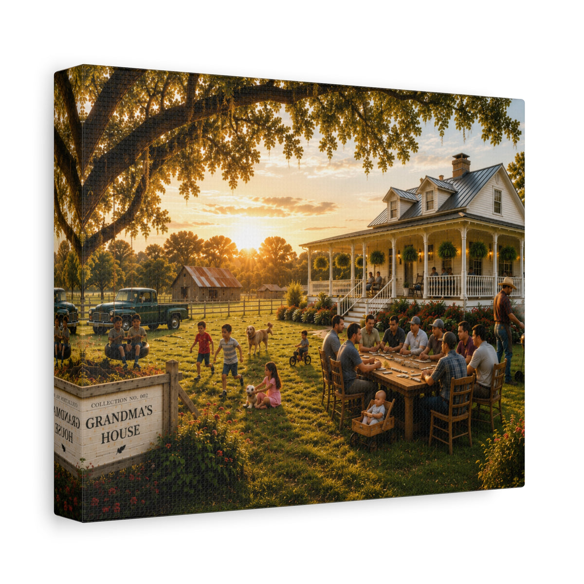 A square Grandma's House canvas print showing a family gathering at a white farmhouse at sunset, with relatives dining outdoors, children playing, vintage trucks, a large oak, and a Grandma's House sign, photographed at an angle on white.