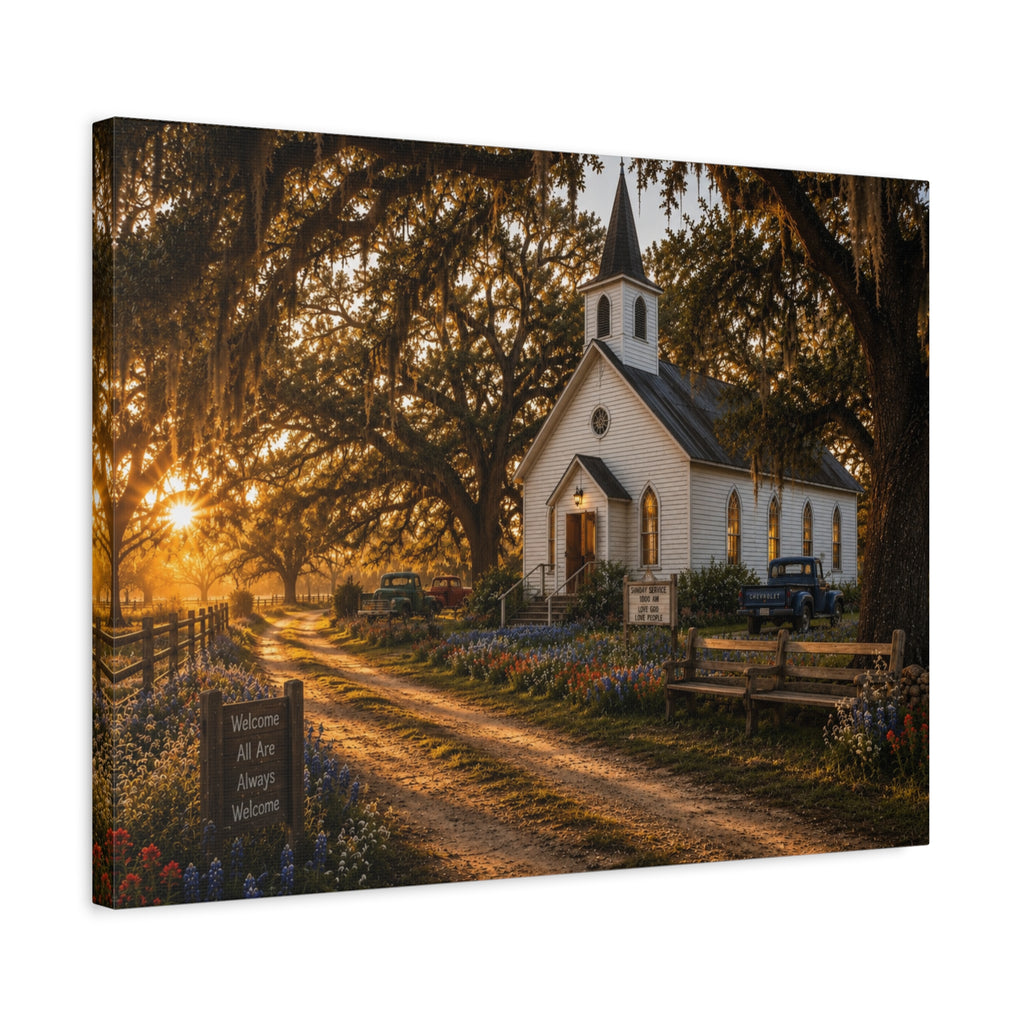 A rectangular The Country Church canvas print showing a small white country church with a steeple beside a dirt path, framed by moss-draped oak trees, rustic benches, wildflowers, and warm sunset light, photographed at an angle on a white background.