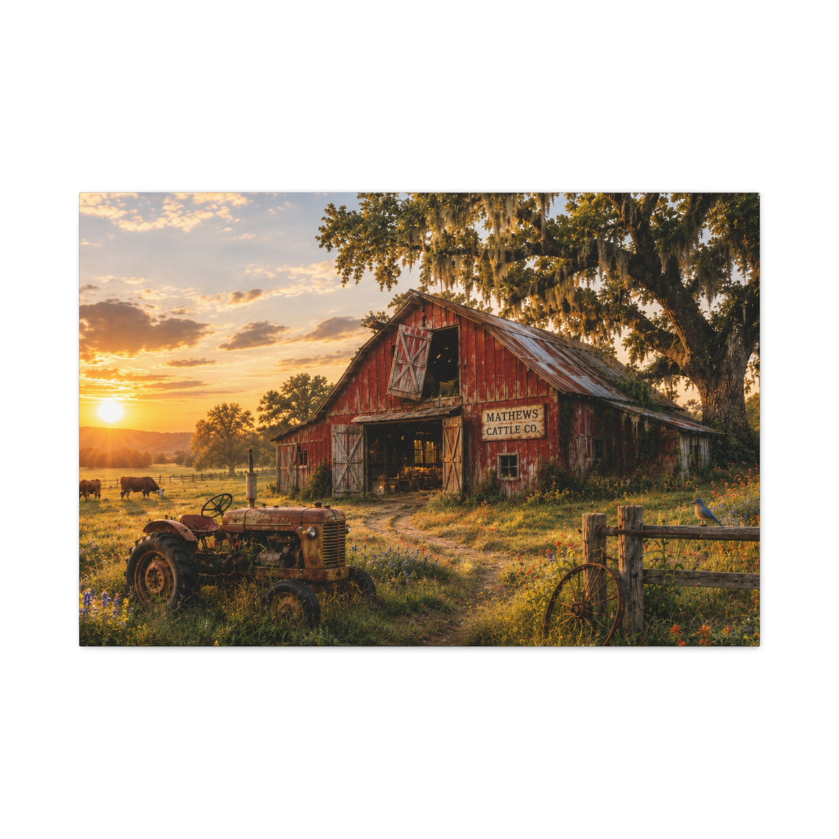 The Old Red Barn canvas print depicting a weathered red cattle barn beneath a moss-draped oak at sunset, with a vintage tractor, grazing cows, a wooden fence, and wildflowers in the foreground.