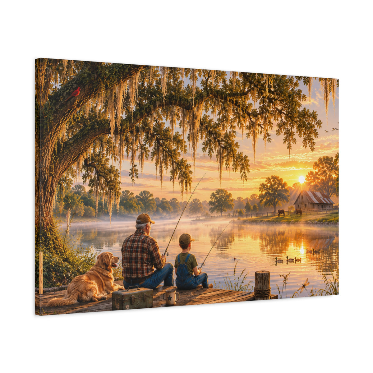 Grandpa and Me canvas print depicting a grandfather and child fishing from a wooden dock with a golden retriever beneath a moss-draped oak at sunset, with ducks on the pond and a barn in the distance.