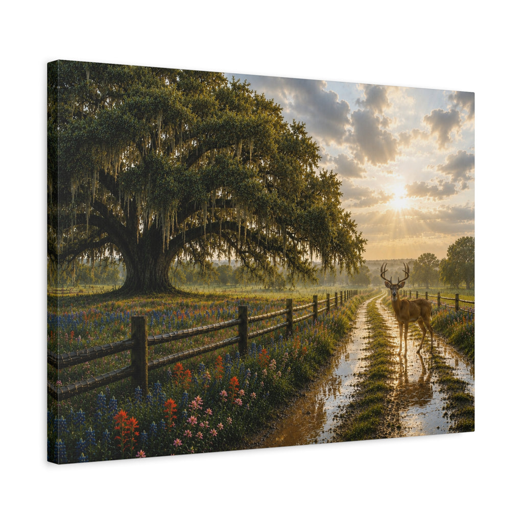 A rectangular canvas wall art print showing a rural landscape at sunset: a large mossy oak tree on the left, a dirt road with a deer walking through puddles on the right, flowers along the fence, and dramatic clouds with sun rays. The canvas is photographed at a slight angle against a plain white background.