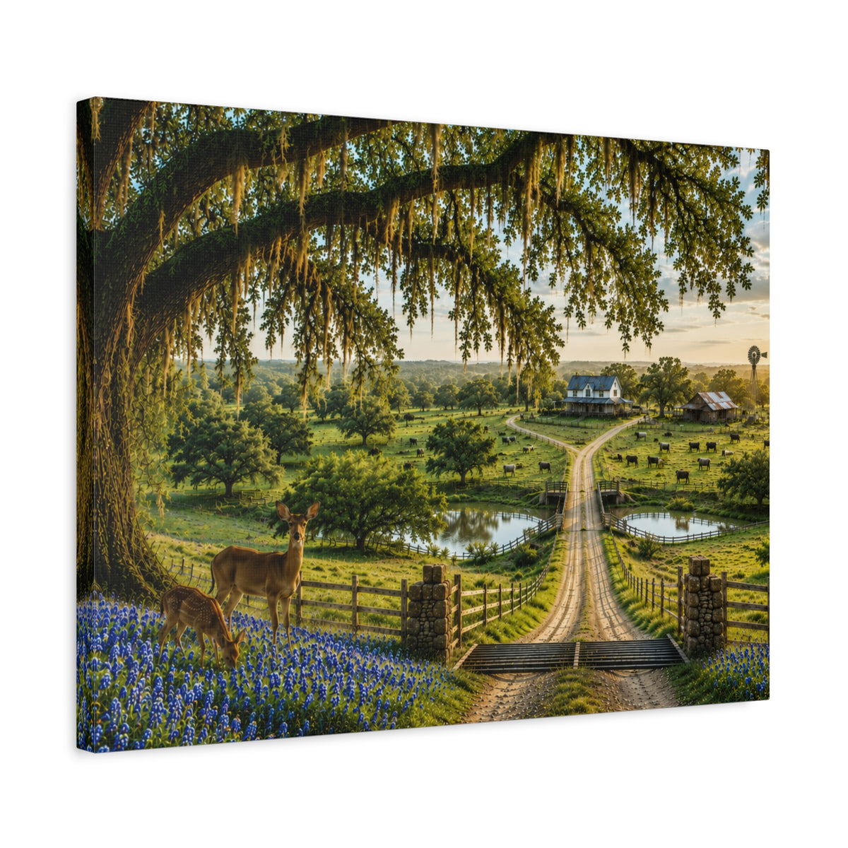 A rectangular canvas wall art print showing a pastoral countryside scene with a large mossy tree, blue flowers, deer, a dirt road, small ponds, and distant farm buildings, photographed against a plain white background.
