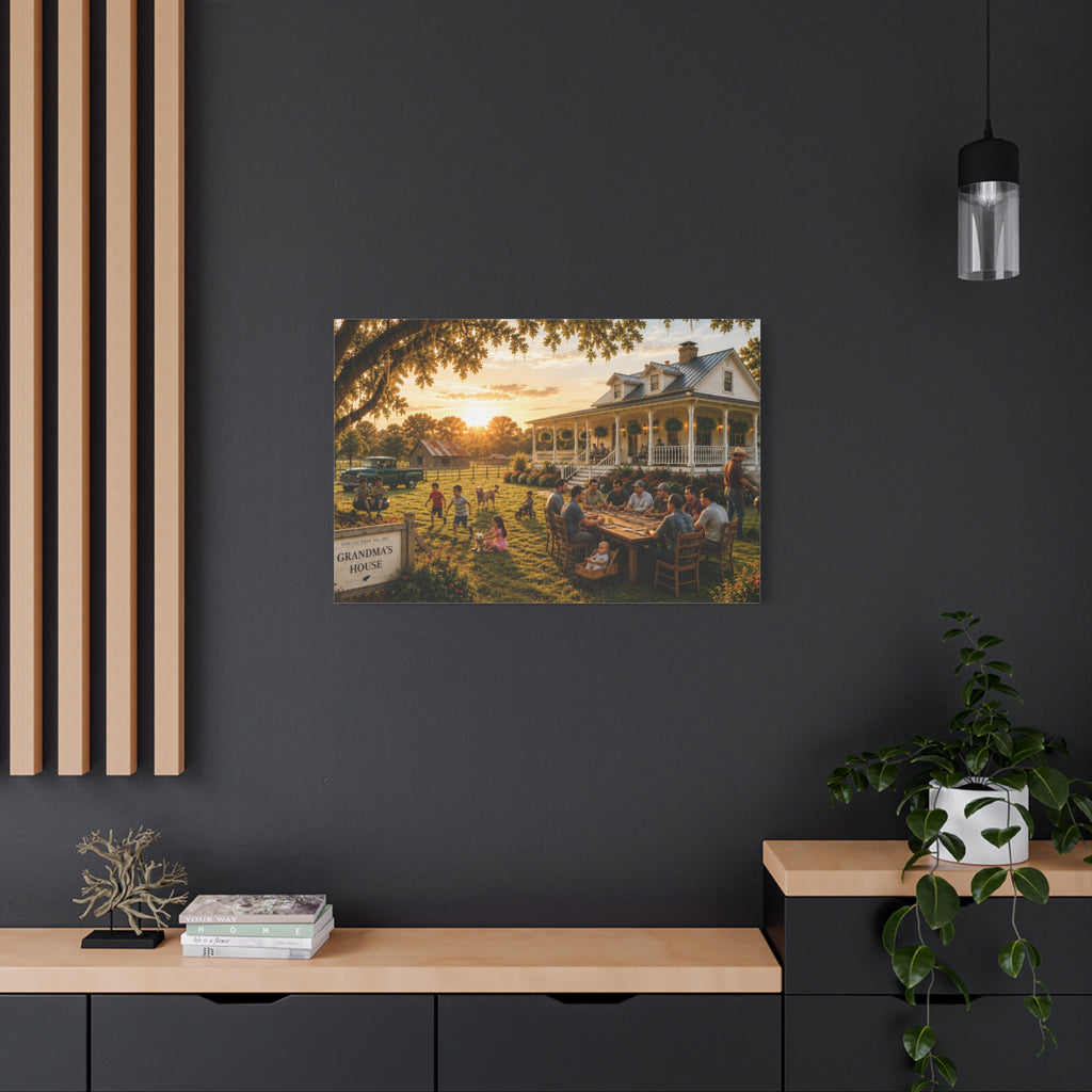A Grandma's House canvas print showing a warm family gathering outside a white farmhouse at sunset, displayed above a white cabinet with a yellow lamp and white flowers.