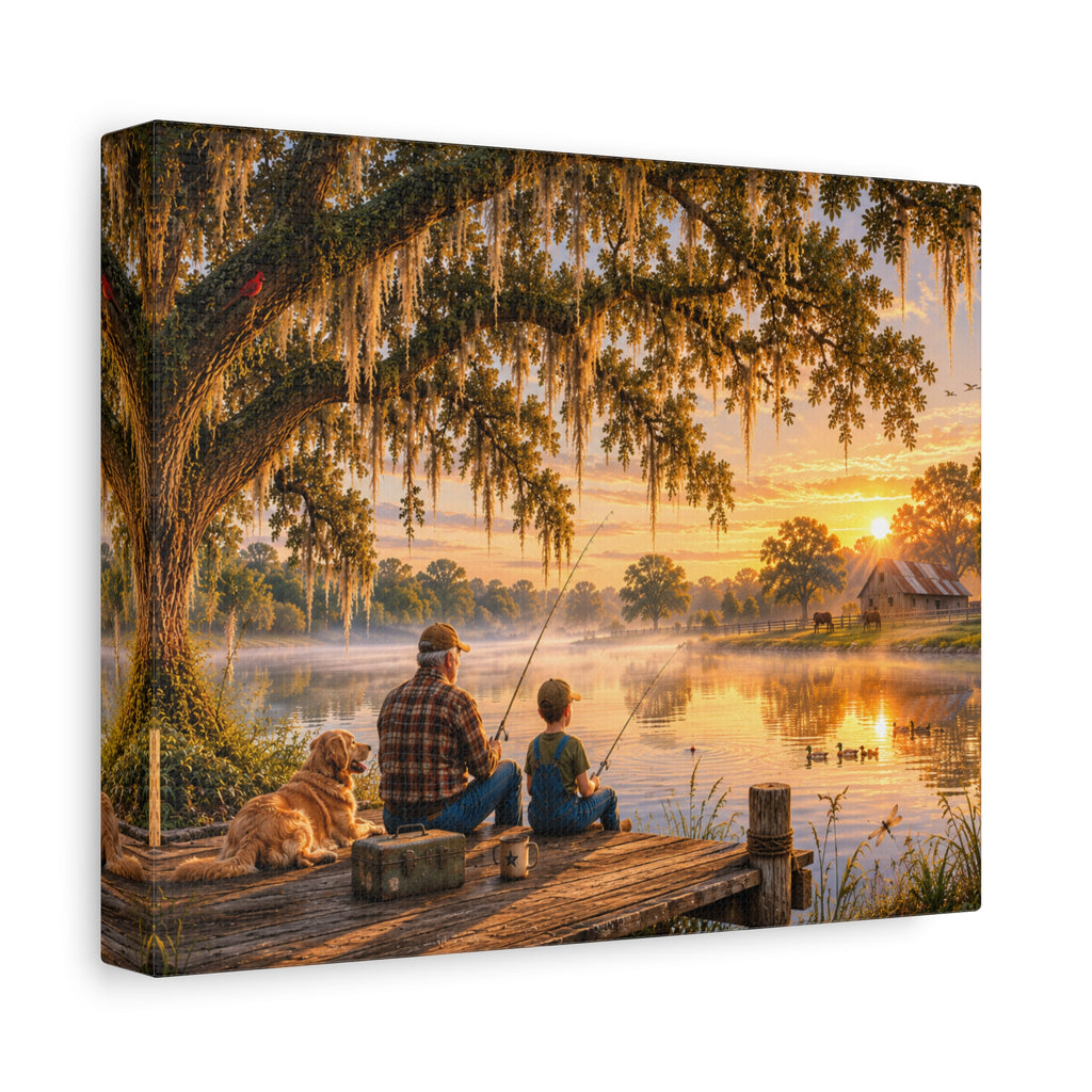 Grandpa and Me canvas print depicting a grandfather and child fishing from a wooden dock with a golden retriever beneath a moss-draped oak at sunset, with ducks on the pond and a barn in the distance.