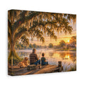 Grandpa and Me canvas print depicting a grandfather and child fishing from a wooden dock with a golden retriever beneath a moss-draped oak at sunset, with ducks on the pond and a barn in the distance.