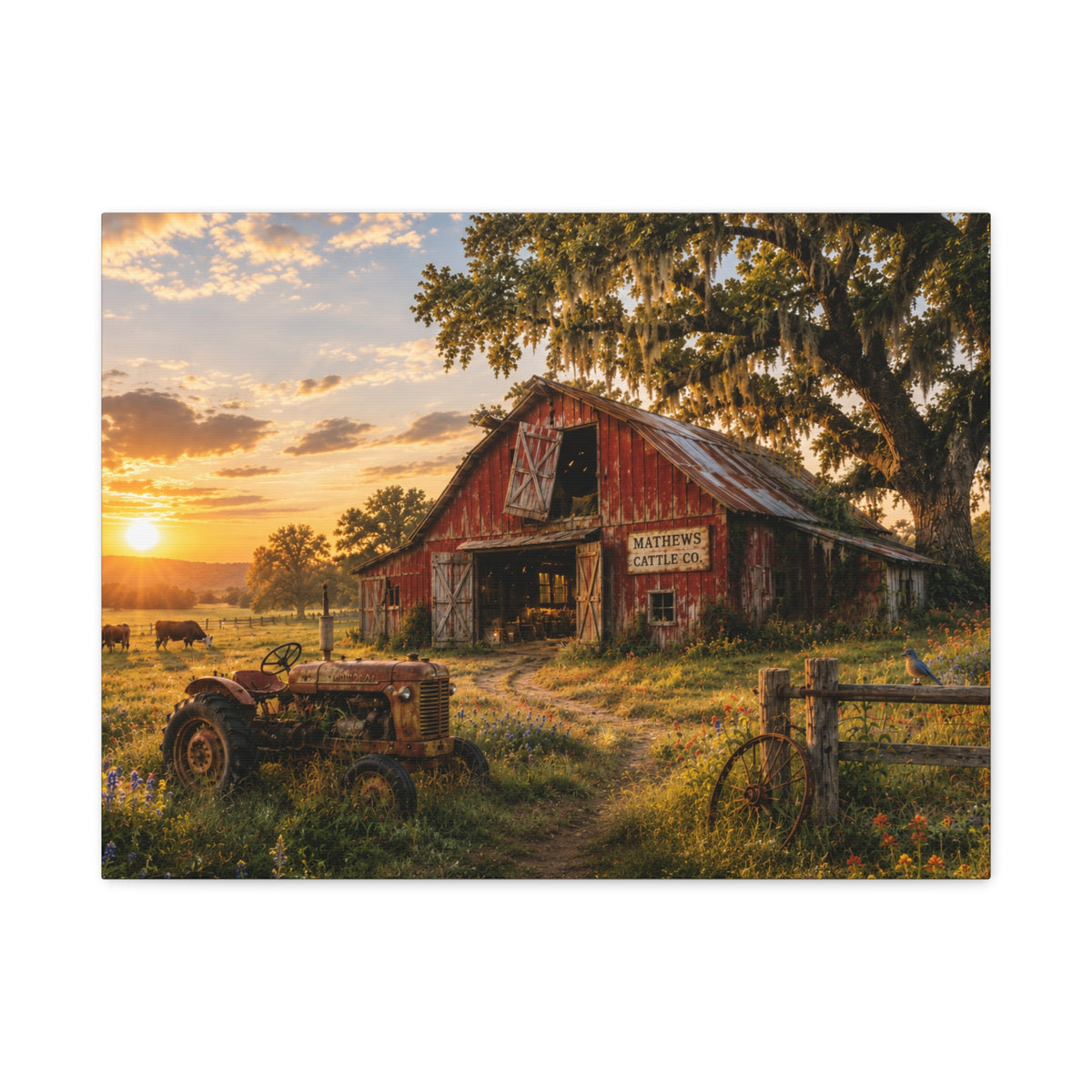 The Old Red Barn canvas print depicting a weathered red cattle barn beneath a moss-draped oak at sunset, with a vintage tractor, grazing cows, a wooden fence, and wildflowers in the foreground.