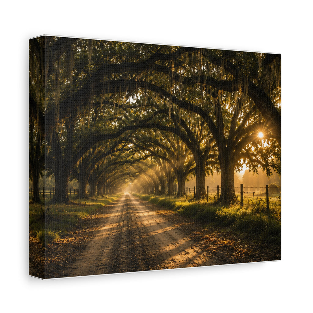 A square Sunday Morning canvas print showing a sunlit dirt road beneath a tunnel of moss-draped oak trees, with fences and warm morning light filtering through the branches, photographed at an angle on a white background.