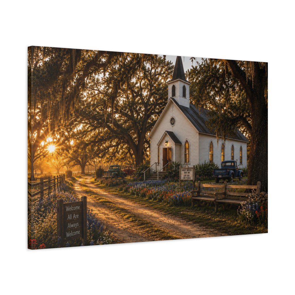 A rectangular The Country Church canvas print showing a small white country church with a steeple beside a dirt path, framed by moss-draped oak trees, rustic benches, wildflowers, and warm sunset light, photographed at an angle on a white background.