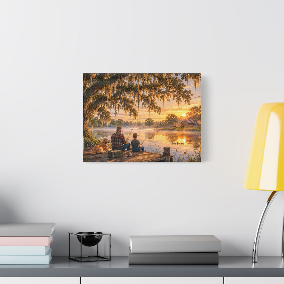 Grandpa and Me canvas print depicting a grandfather and child fishing from a wooden dock with a golden retriever beneath a moss-draped oak at sunset, with ducks on the pond and a barn in the distance.