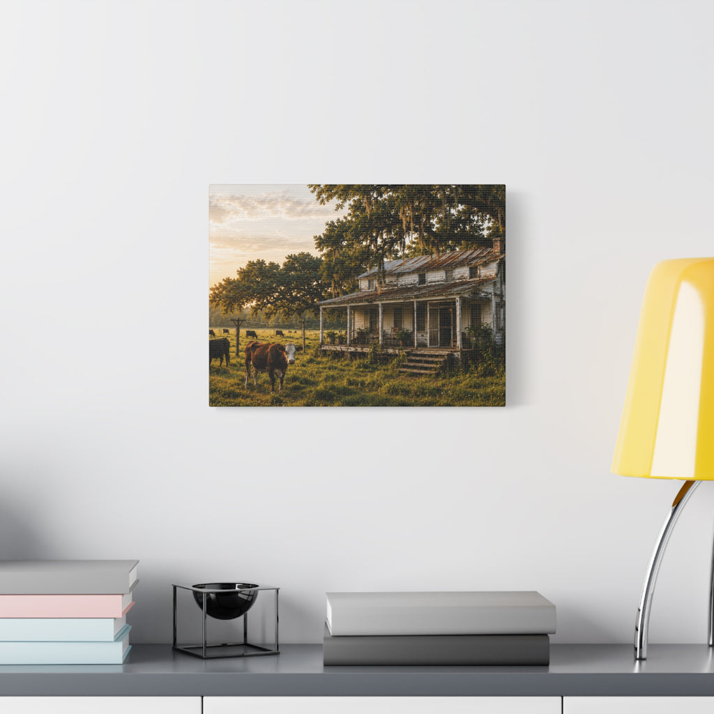 A rectangular The Good Old Homestead canvas print showing a weathered two-story farmhouse with a front porch in a grassy pasture, with a cow in the foreground, cattle, moss-draped oak trees, and warm sunset light, displayed on a white wall above books, a black accent, and a yellow lamp.