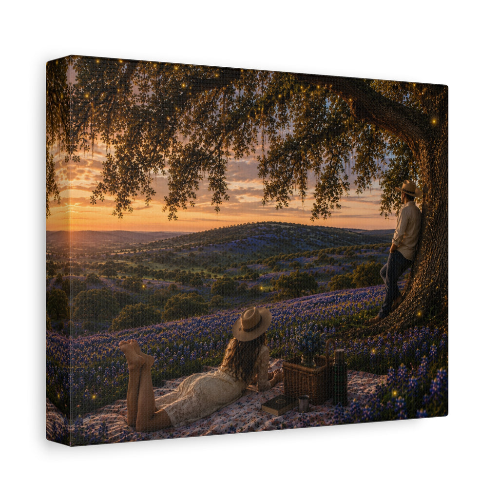 A square canvas wall art print showing a romantic outdoor sunset scene with two people under a large tree among purple flowers, photographed against a plain white background.