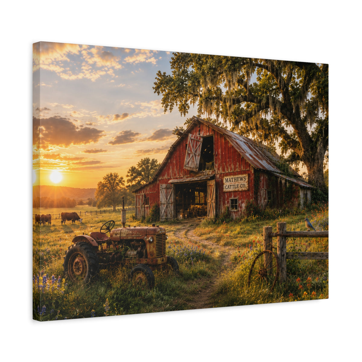 The Old Red Barn canvas print depicting a weathered red cattle barn beneath a moss-draped oak at sunset, with a vintage tractor, grazing cows, a wooden fence, and wildflowers in the foreground.