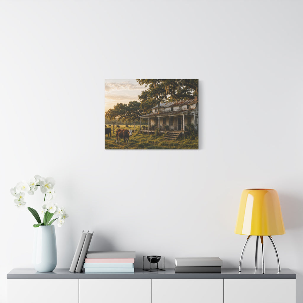 A The Good Old Homestead canvas print showing a weathered two-story farmhouse with a front porch in a grassy pasture, with a cow in the foreground, cattle, moss-draped oak trees, and warm sunset light, displayed on a white wall above a console with a yellow lamp, books, and white flowers.