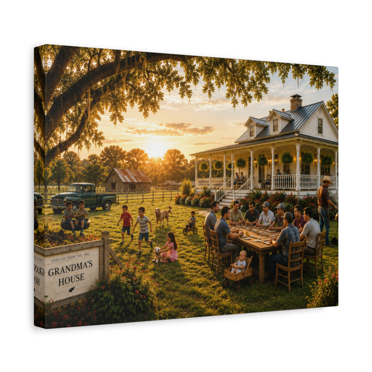 A square Grandma's House canvas print showing relatives dining and children playing outside a white farmhouse beneath a large oak at sunset, with a visible Grandma's House sign, photographed at an angle on white.