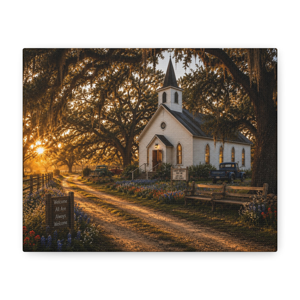 A rectangular The Country Church canvas print showing a small white country church with a steeple beside a dirt path, framed by moss-draped oak trees, rustic benches, wildflowers, and warm sunset light, photographed at an angle on a white background.