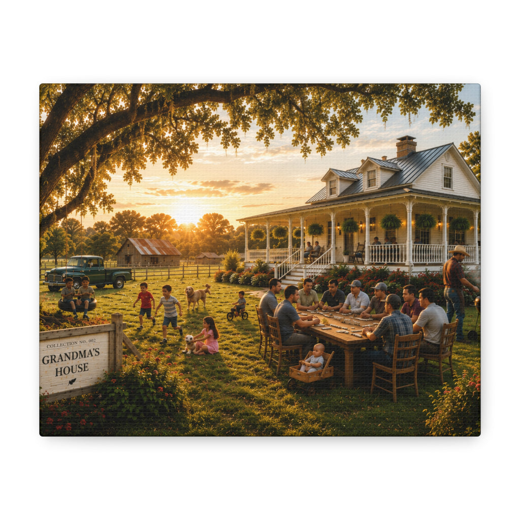 A rectangular Grandma's House canvas print showing a golden farmhouse sunset, with family dining outdoors, children playing, vintage trucks, and a large oak, photographed on white.
