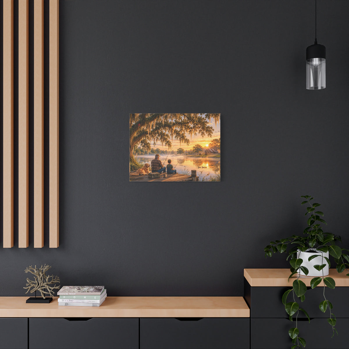 Grandpa and Me canvas print depicting a grandfather and child fishing from a wooden dock with a golden retriever beneath a moss-draped oak at sunset, with ducks on the pond and a barn in the distance.