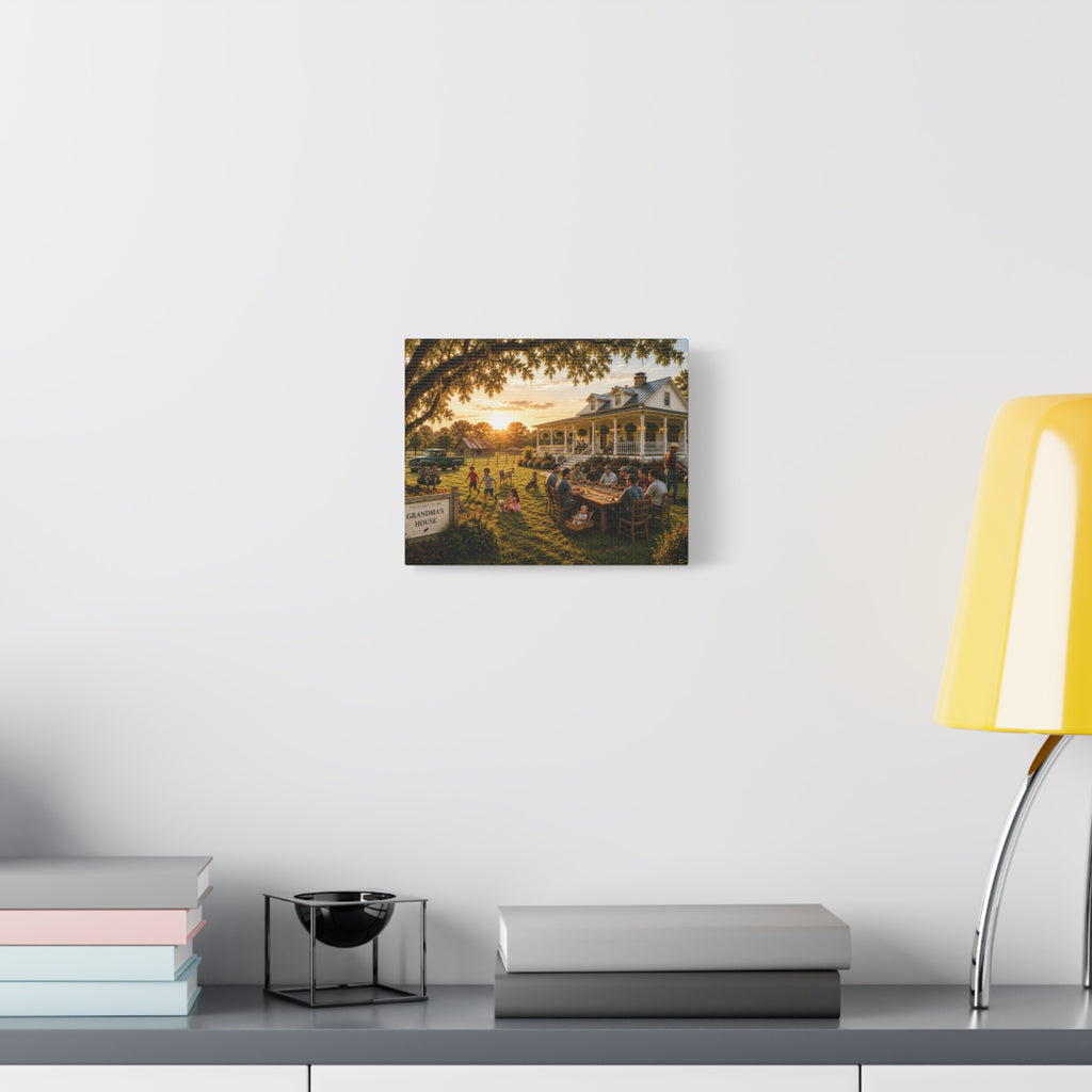A square Grandma's House canvas print showing a warm family gathering outside a farmhouse at sunset, displayed on a white wall above books and a yellow lamp.