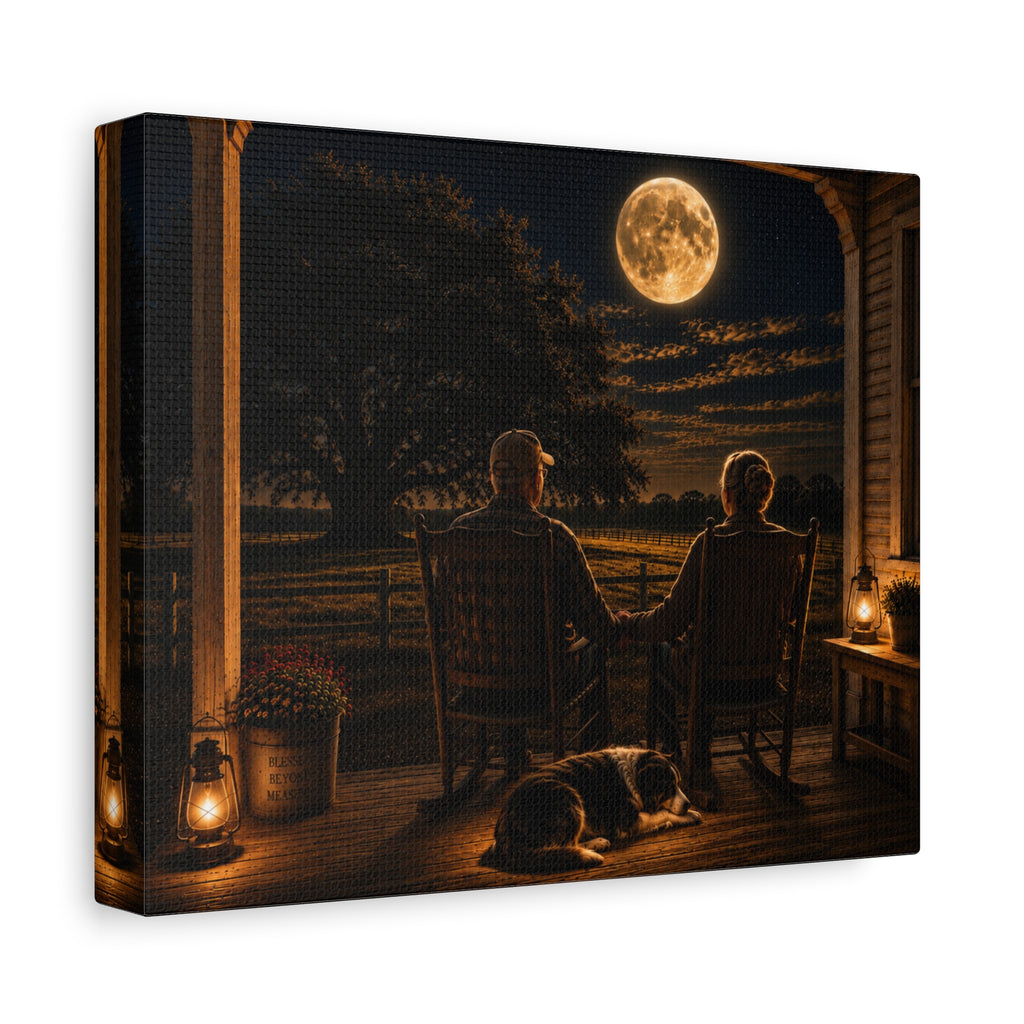 A square Harvest Moon canvas print showing an older couple holding hands in rocking chairs on a farmhouse porch with a sleeping dog, glowing lanterns, and a full moon over the fields, photographed at an angle on a white background.