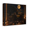 A square Harvest Moon canvas print showing an older couple holding hands in rocking chairs on a farmhouse porch with a sleeping dog, glowing lanterns, and a full moon over the fields, photographed at an angle on a white background.