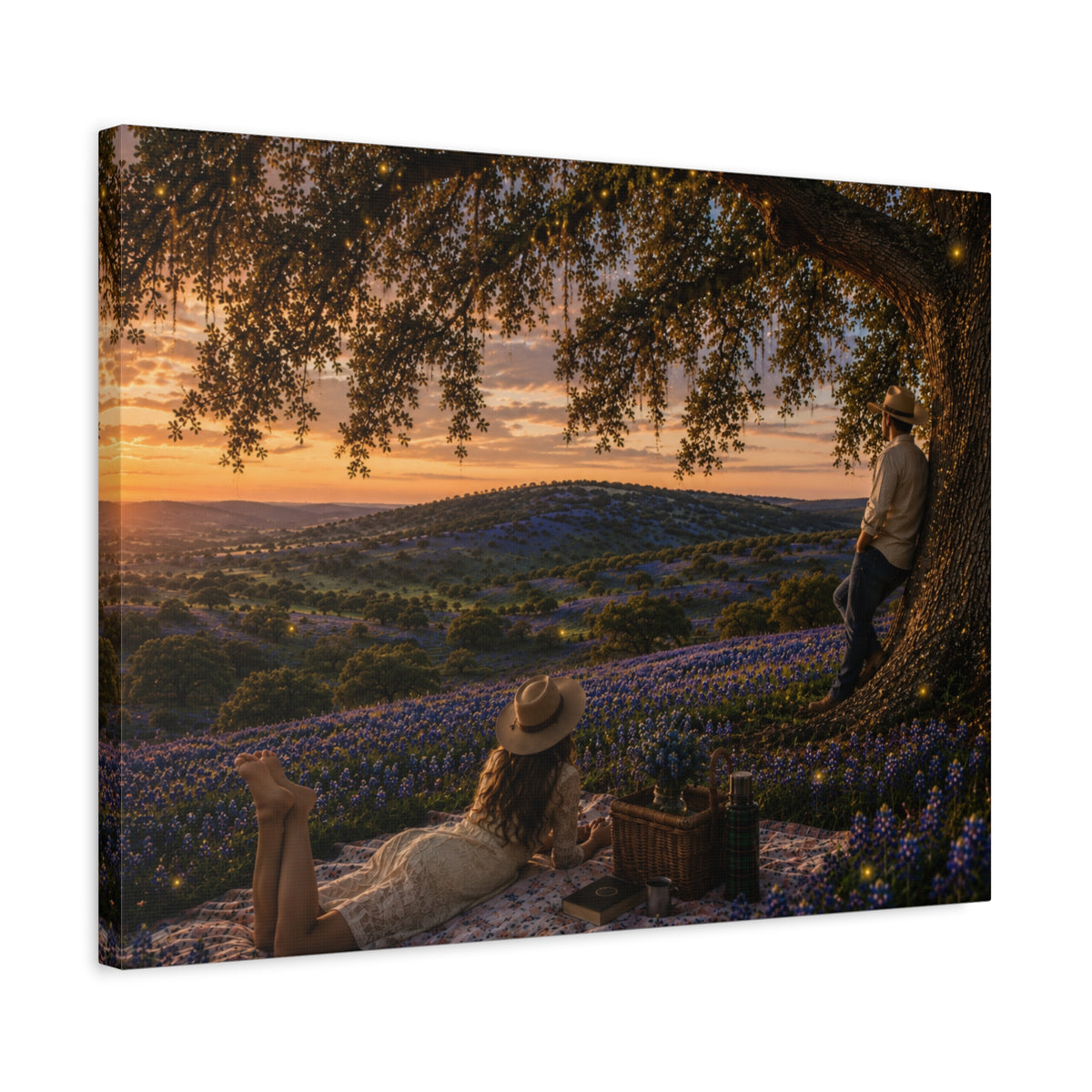 A small square wall art print depicting a textured moon landscape, displayed on a dark charcoal wall above a light wood console table with a potted plant and books.