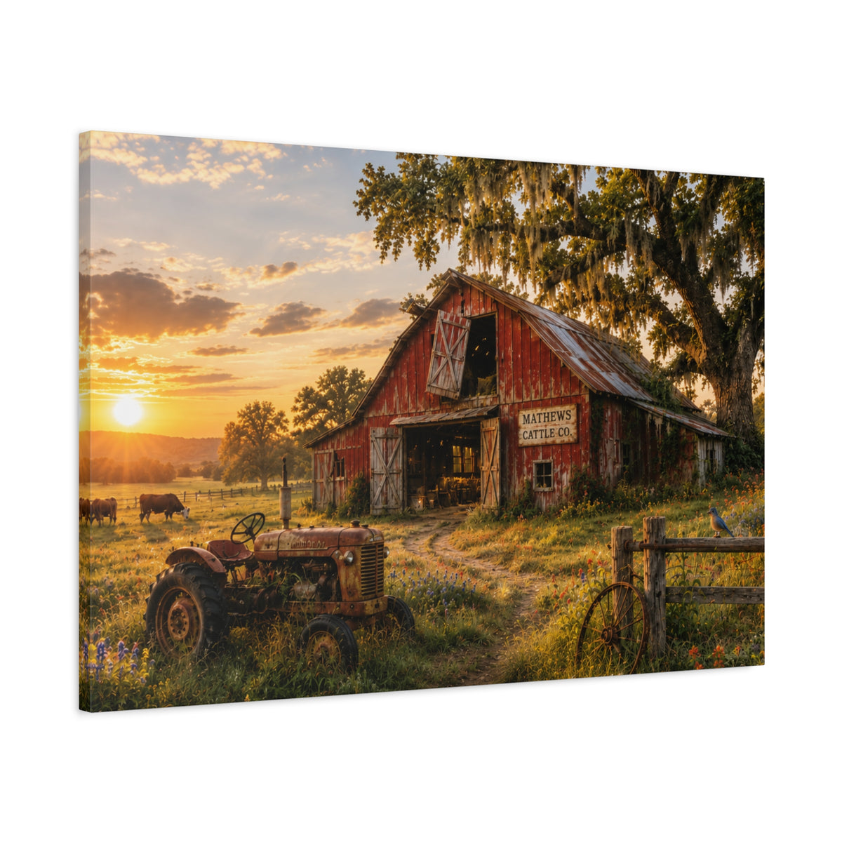 The Old Red Barn canvas print depicting a weathered red cattle barn beneath a moss-draped oak at sunset, with a vintage tractor, grazing cows, a wooden fence, and wildflowers in the foreground.