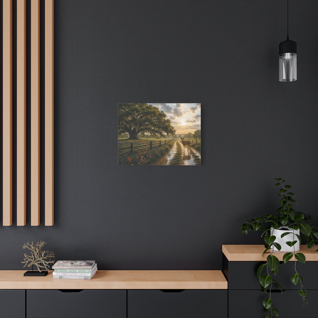 A framed landscape art print depicting an oak tree and a reflective canal at sunset, displayed on a dark charcoal wall above a light wood console table with a plant and decorative items.